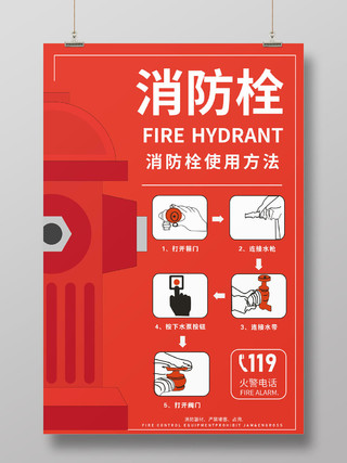 红色几何卡通简约消防栓使用方法创意海报